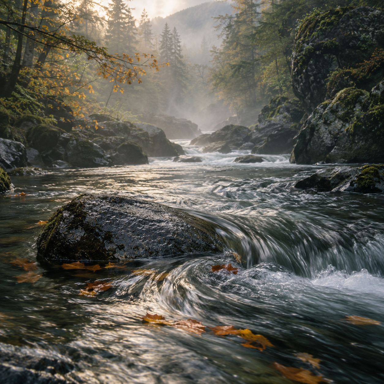 Mountain river flowing around ancient stones, illustrating wu wei in Daoism