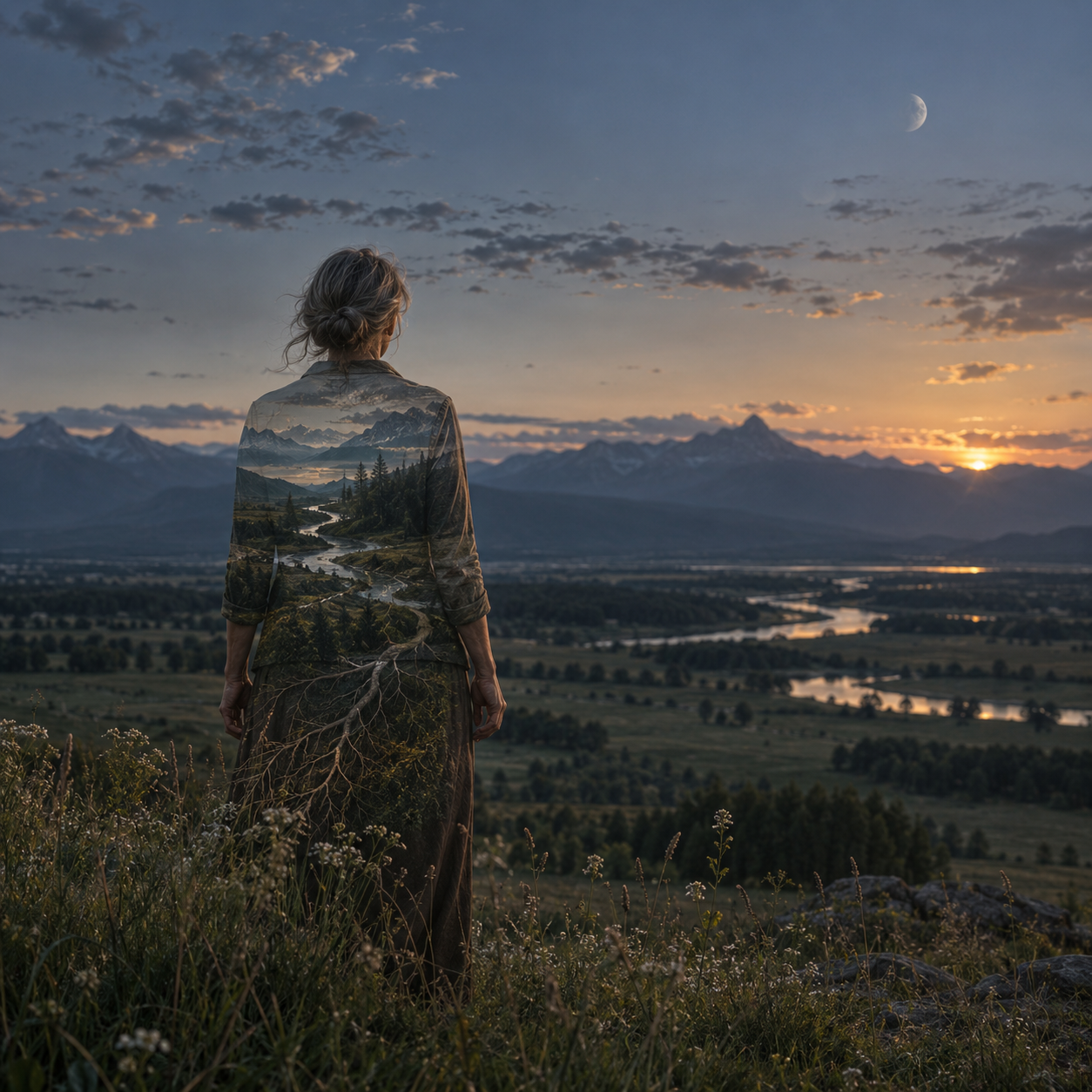 Woman standing within a landscape of rivers, roots and mountains