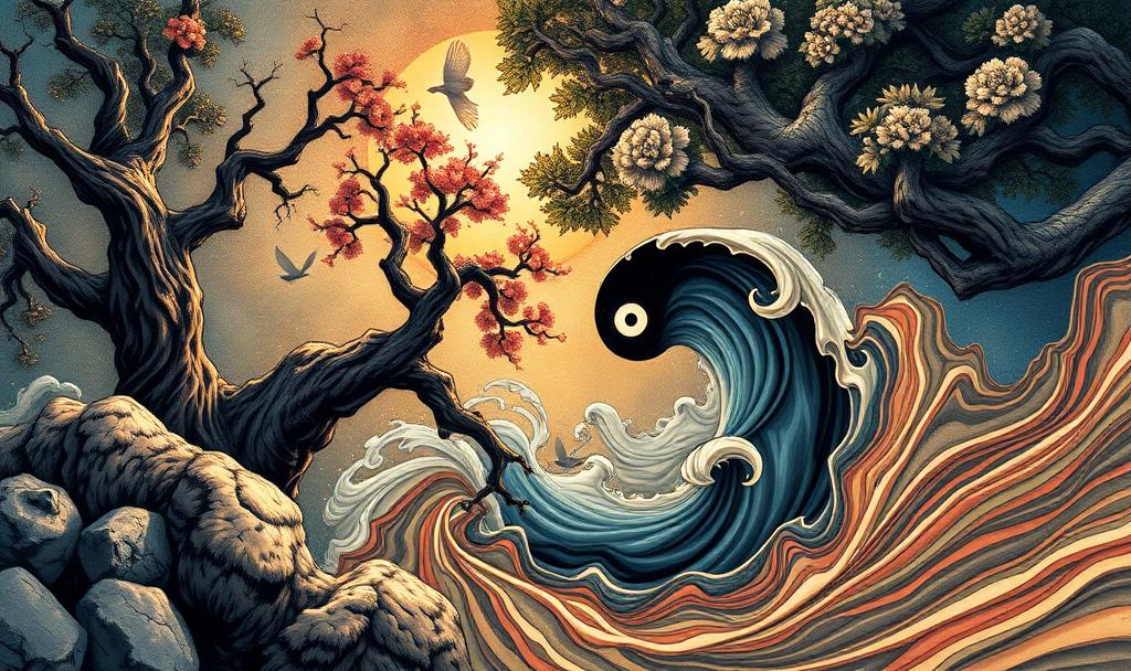 A curling ocean wave forms a yin-yang symbol between winter rocks and flowering trees, representing nature's rhythms and cycles
