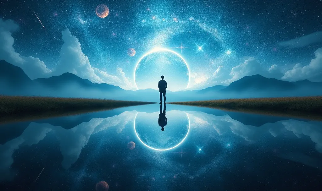 A human figure reflected in dark still water beneath the cosmos, symbolizing Daoist inner alchemy, embodiment, and the mysterious mirror