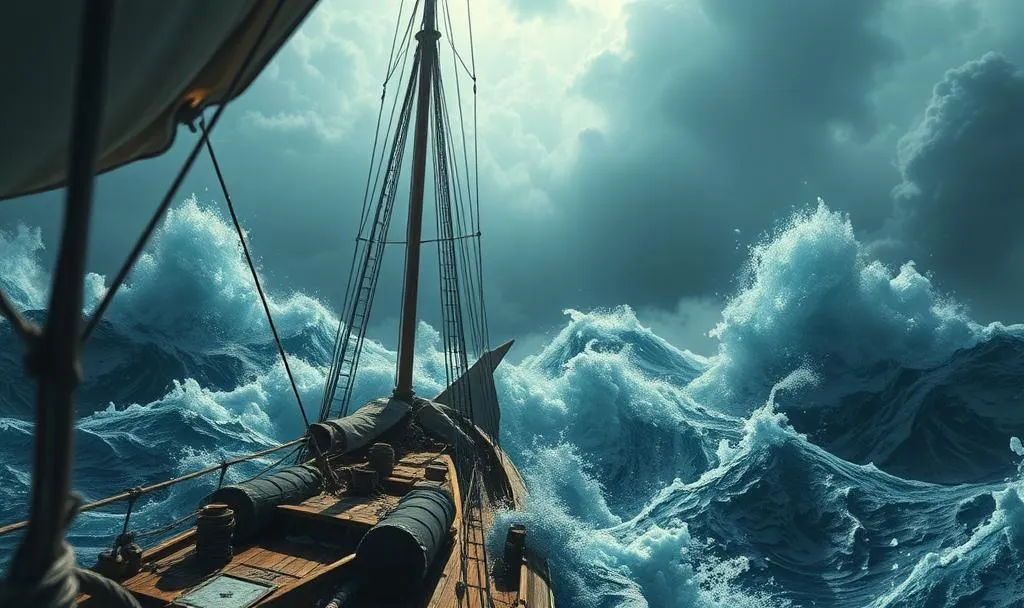 A sailing boat meeting towering ocean waves under a stormy sky, representing navigating the waters of fear