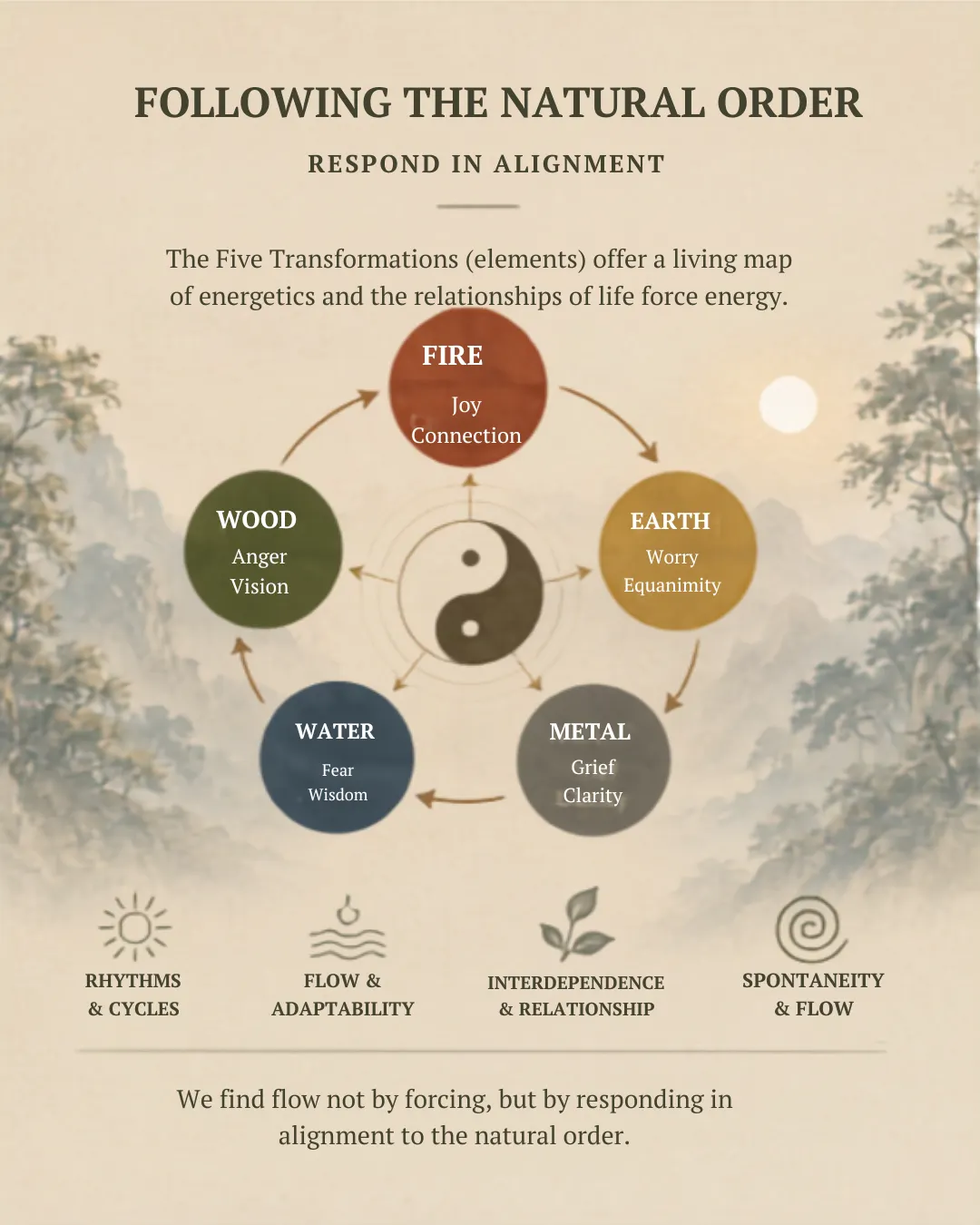 The Five Transformations cycle ~ Wood, Fire, Earth, Metal and Water with their emotions and cultivated capacities