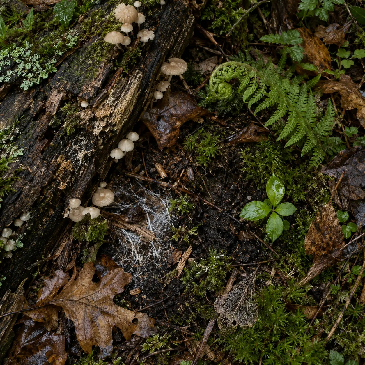 Mushrooms, moss and new growth transforming a fallen tree on the forest floor