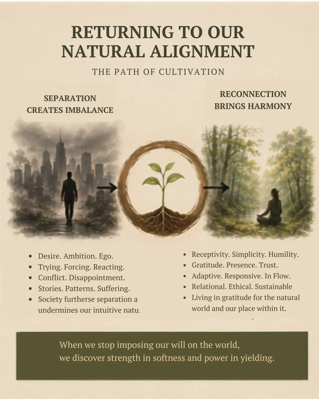 Returning to our natural alignment: separation creates imbalance while reconnection brings harmony through receptivity, gratitude and adaptability